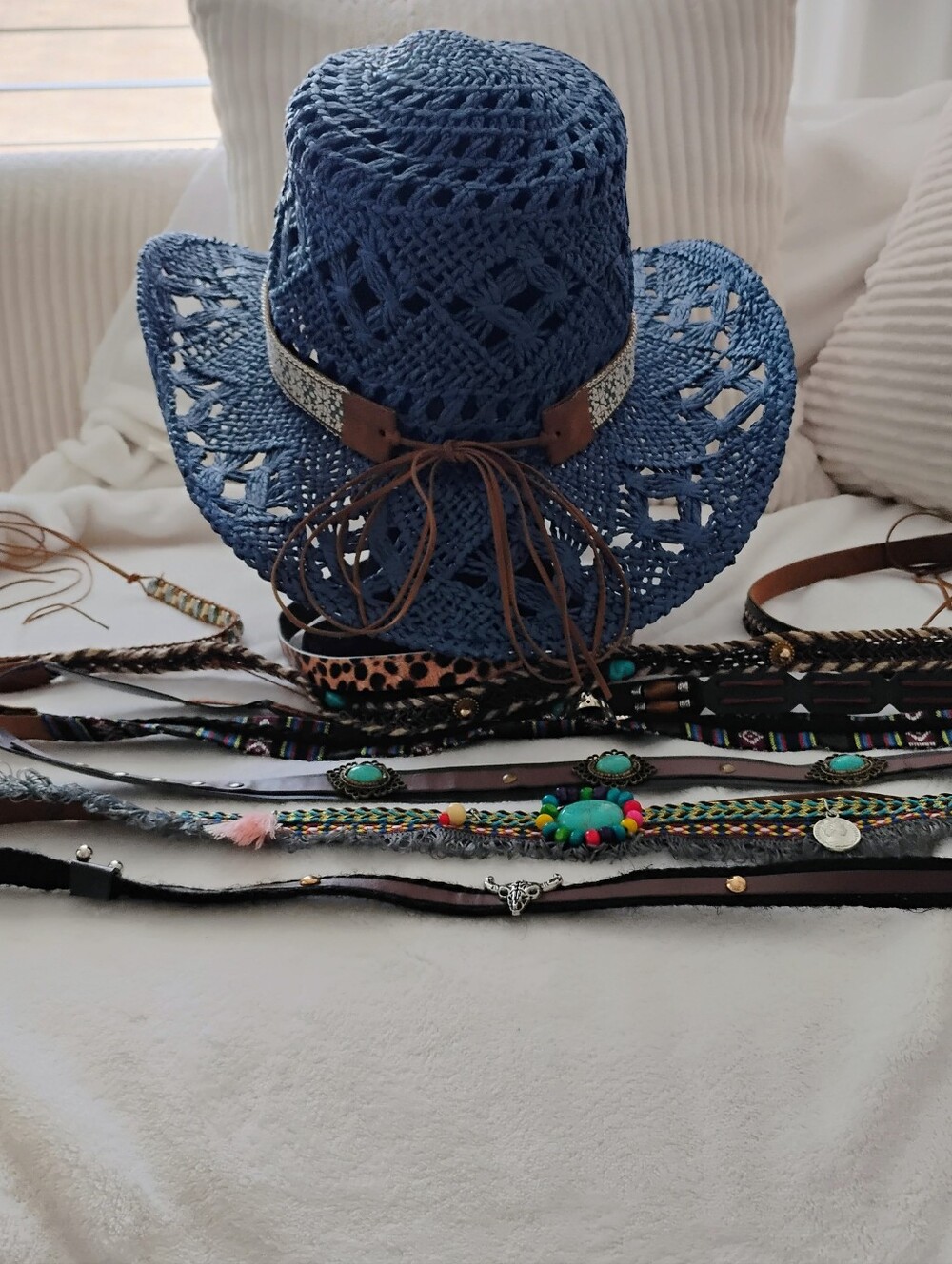 The Steve madden Denim Raffia Straw Hat - Blue Crochet Sun Hat - Picture 6 of 7